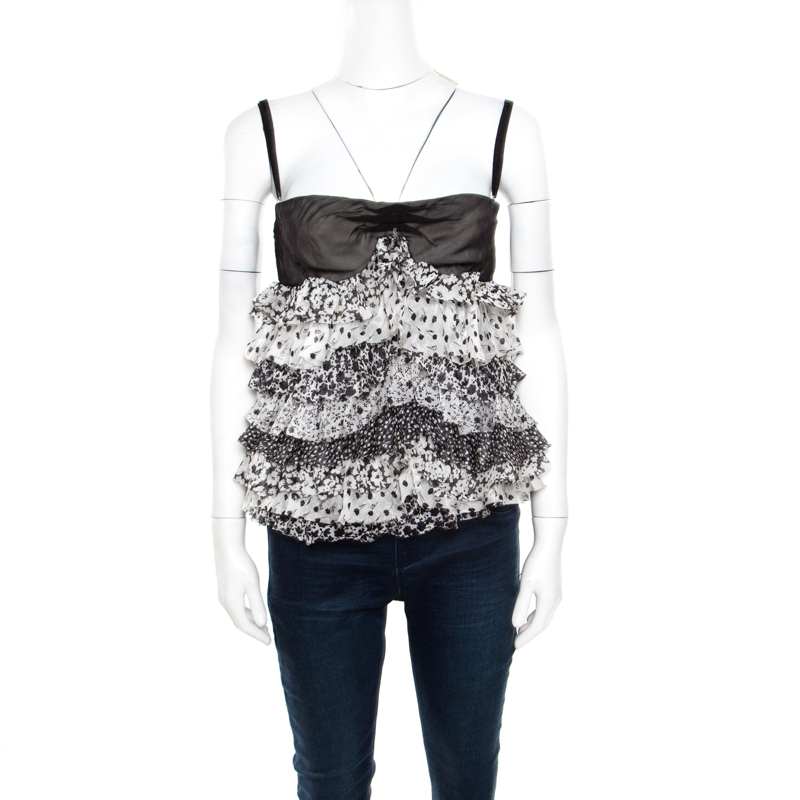 Image of D & G Monochrome Floral Printed Silk Ruffle Layered Sleeveless Bustier Top M