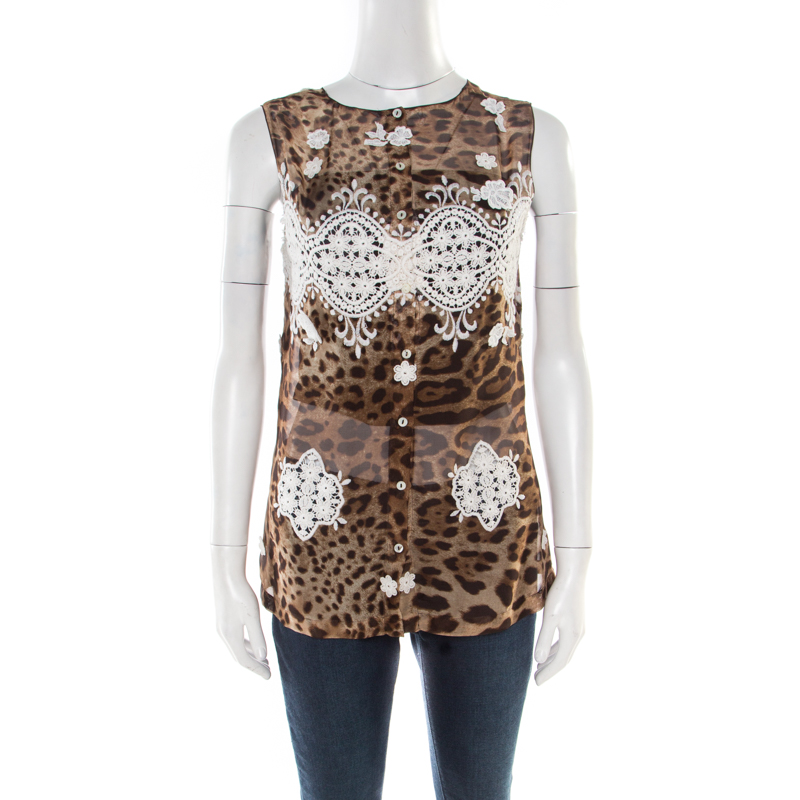 Image of Dolce & Gabbana Leopard Printed Silk Contrast Lace Insert Sleeveless Top M