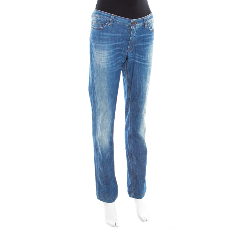 

Dolce & Gabbana Indigo Faded Effect Distressed Denim Straight Fit Cute Jeans, Blue