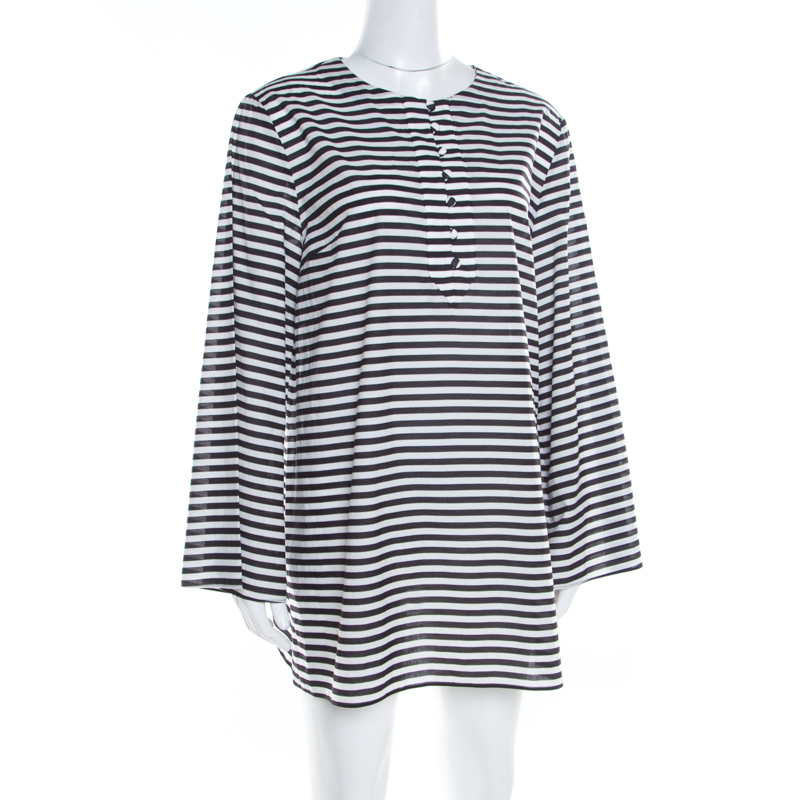 

Dolce & Gabbana Monochrome Striped Cotton Long Sleeve Beach Tunic, White