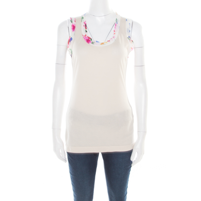 Image of Dolce & Gabbana Beige Jersey Floral Printed Trim Tank Top S