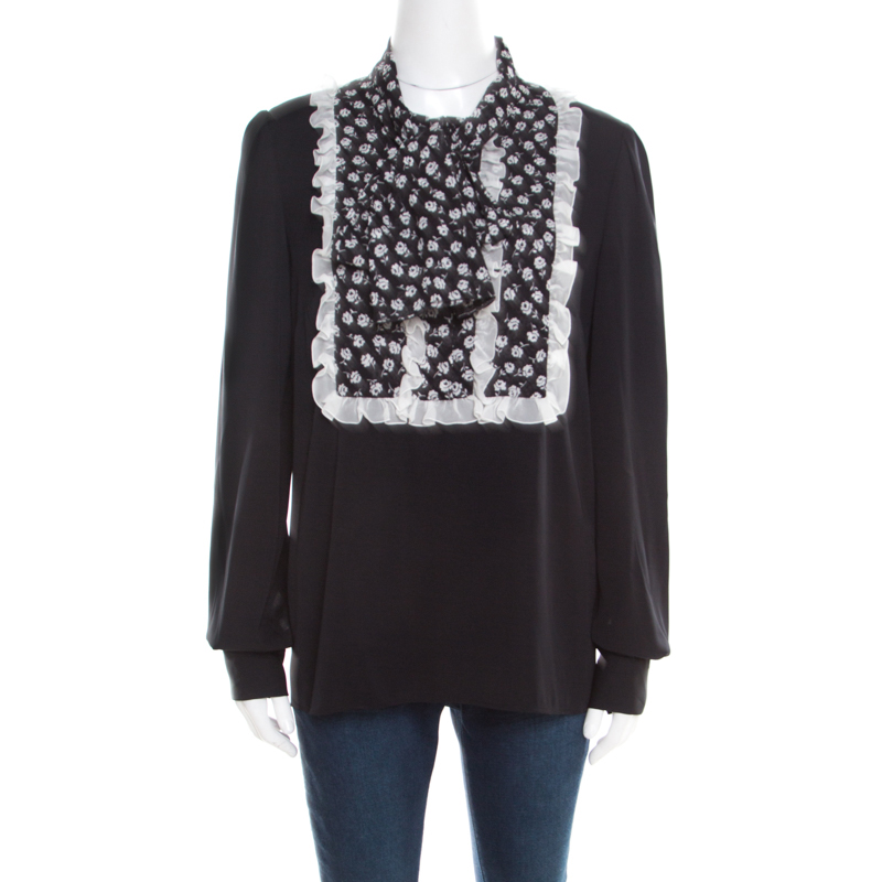 Dolce & gabbana monochrome small flower print silk ruffled bib blouse m