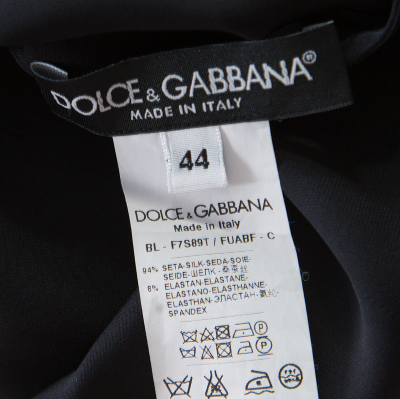 Dolce & Gabbana Monochrome Small Flower Print Silk Ruffled Bib Blouse M