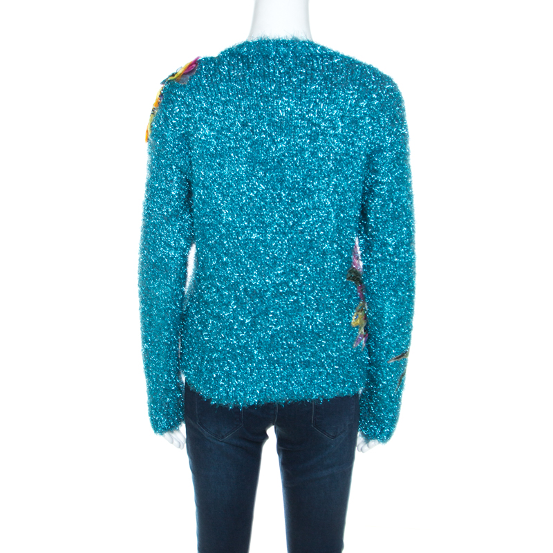Dolce & Gabbana Metallic Blue Tinsel Rib Knit Floral Applique Sweater S
