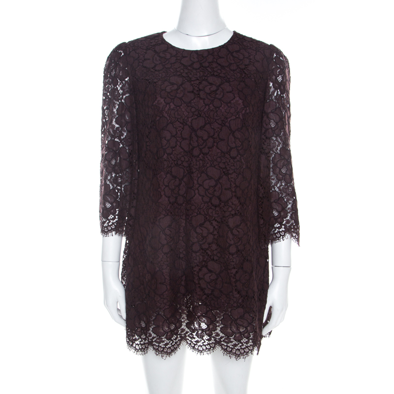 Image of Dolce & Gabbana Brown Lace Three Quarter Sleeve Tunic Top M