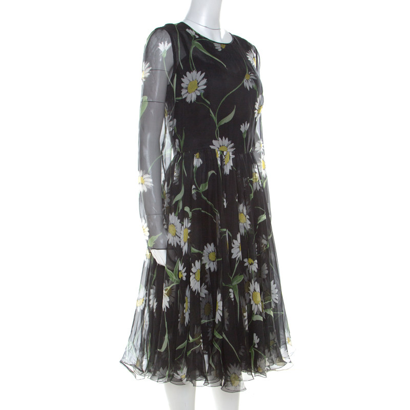 

Dolce & Gabbana Black Sunflower Print Silk Gathered Midi Dress