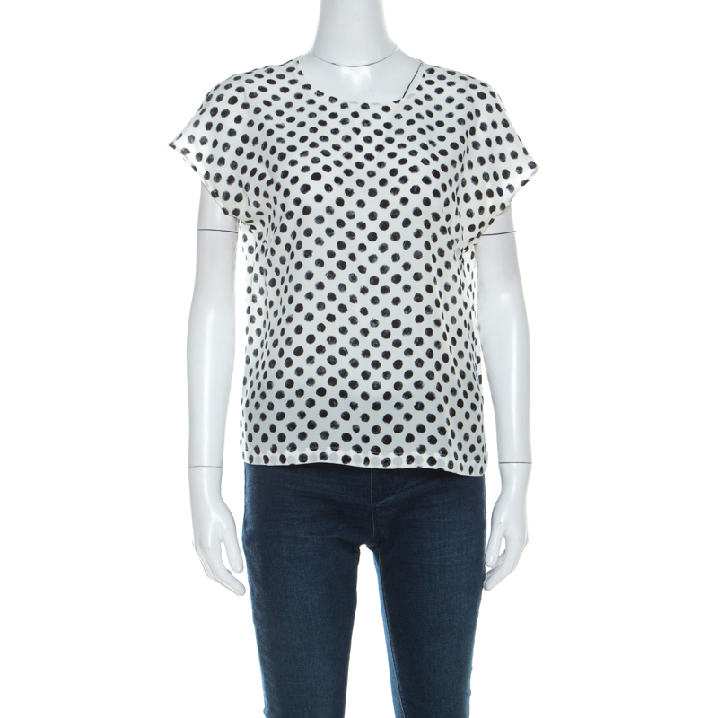 Dolce & Gabbana Monochrome Brushstroke Polka Dot Print Silk Blouse M