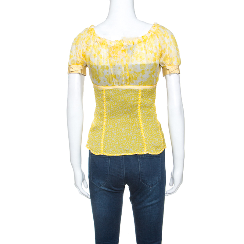 D&G Yellow Floral Print Sheer Silk Crepe Elasticized Neck Blouse S
