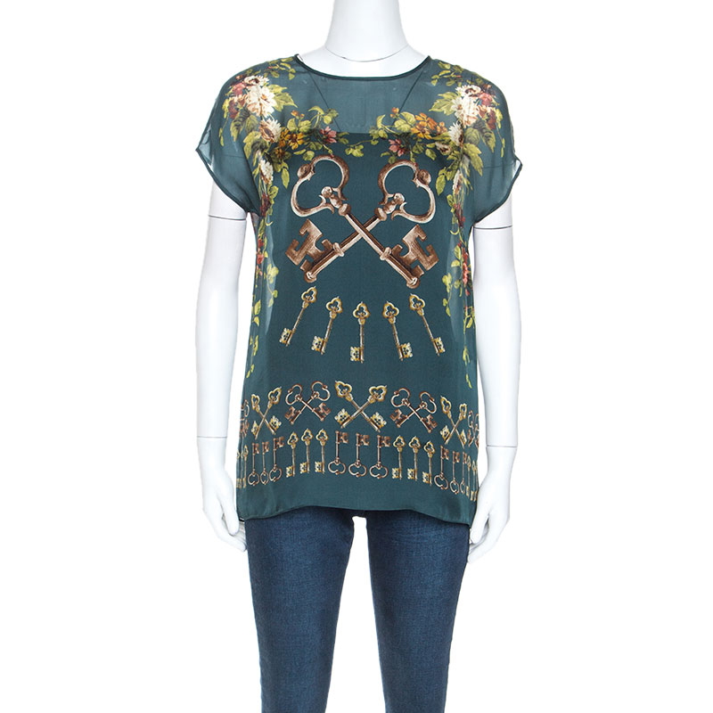 Image of Dolce & Gabbana Green Floral and Key Print Silk Sheer Top S