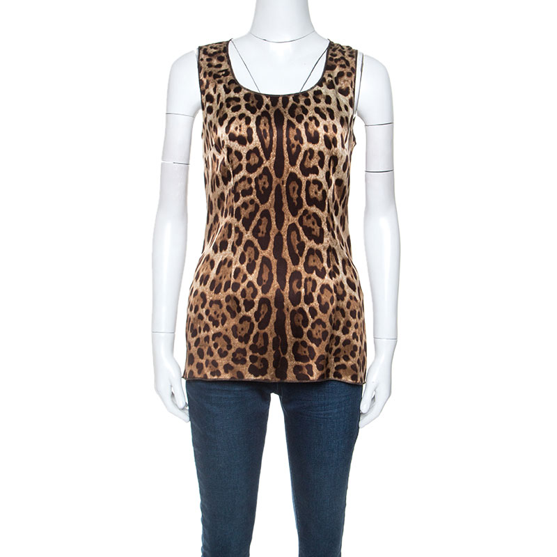 Image of Dolce & Gabbana Beige Leopard Print Silk Sleeveless Top M