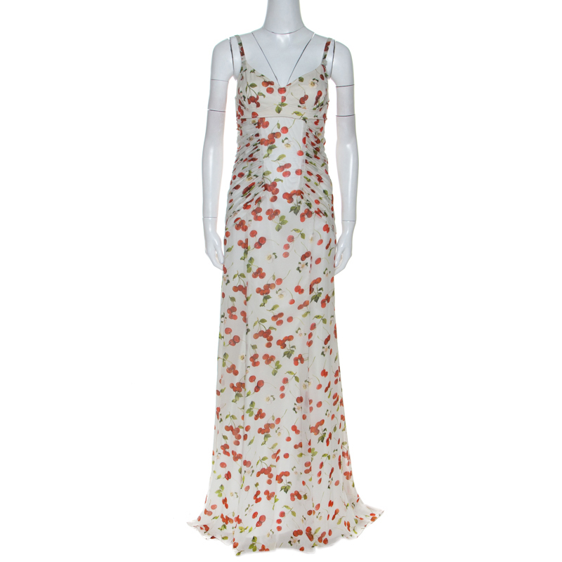 Image of Dolce and Gabanna White Cherry Print Ruched Detail Sleeveless Dress M