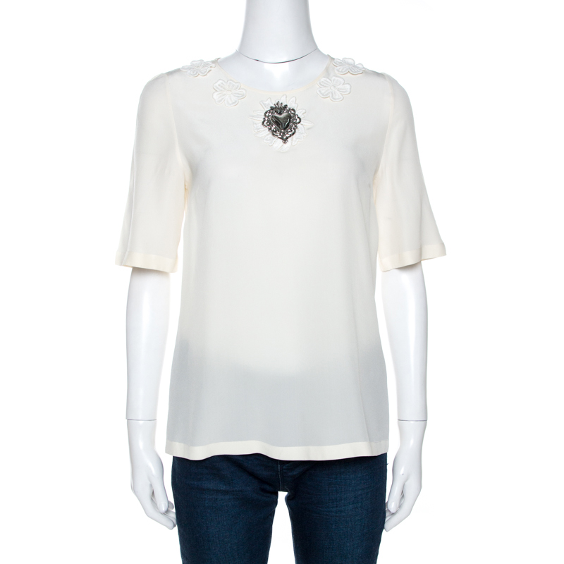 Image of Dolce & Gabbana Cream Silk Floral Applique Detail Short Sleeve Top S