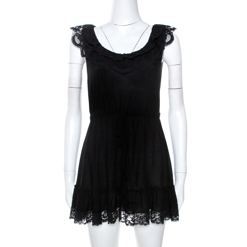 Dolce & gabbana black knit lace trim detail mini dress m