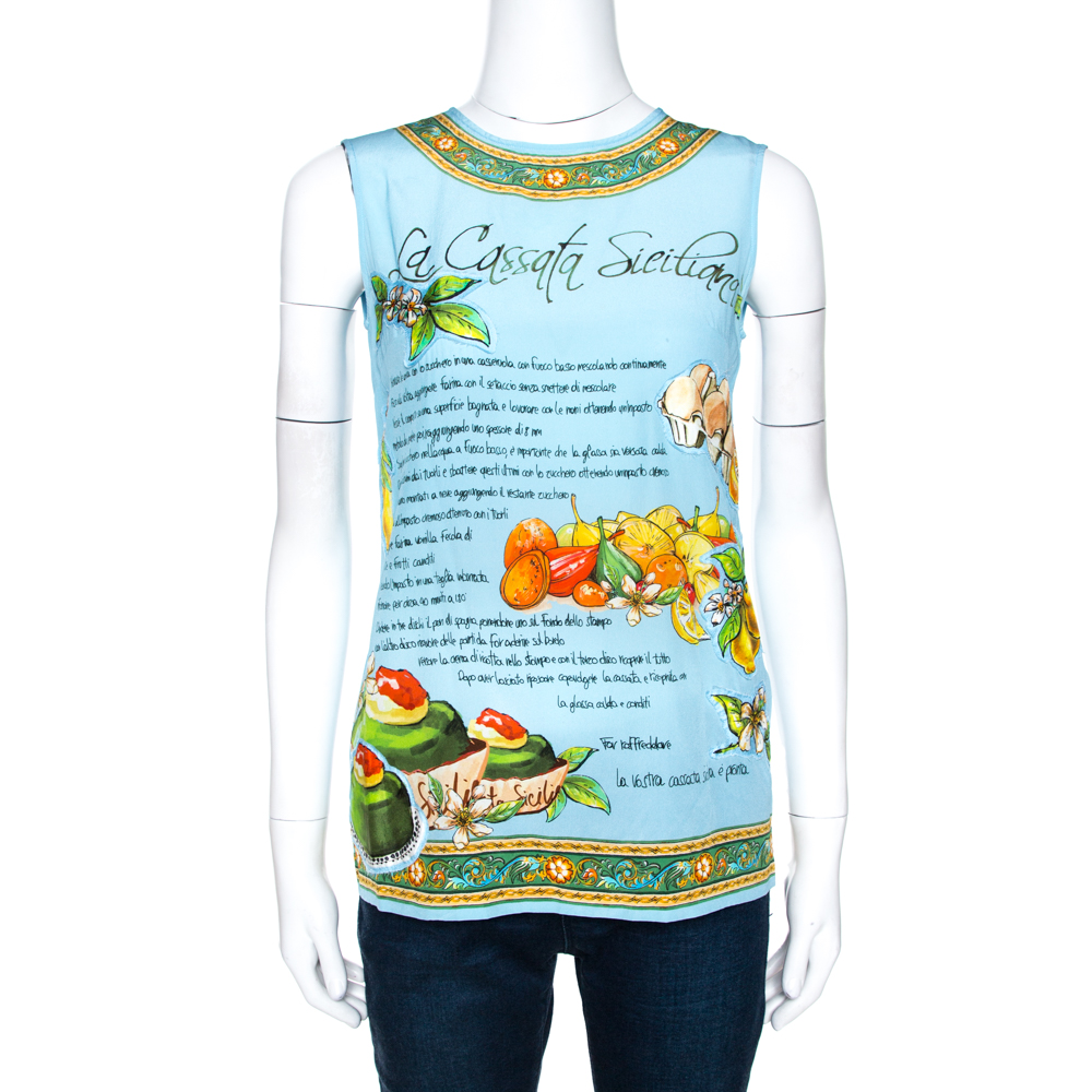 Image of Dolce & Gabbana Powder Blue Silk La Cassata Siciliana Print Sleeveless Blouse XS