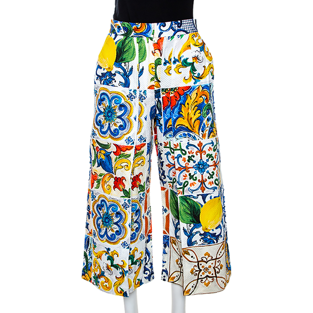 Image of Dolce & Gabbana Multicolor Textured Cotton Majolica Print Cropped Trousers S