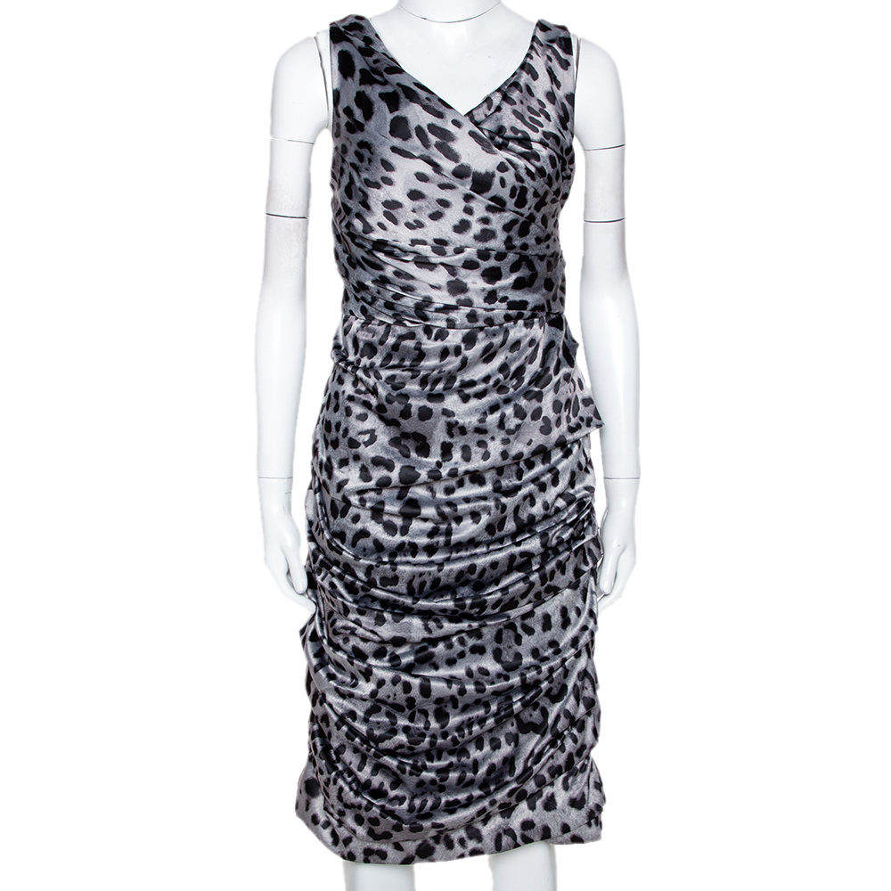 Image of Dolce & Gabbana Grey Animal Print Silk Ruched Sleeveless Dress M