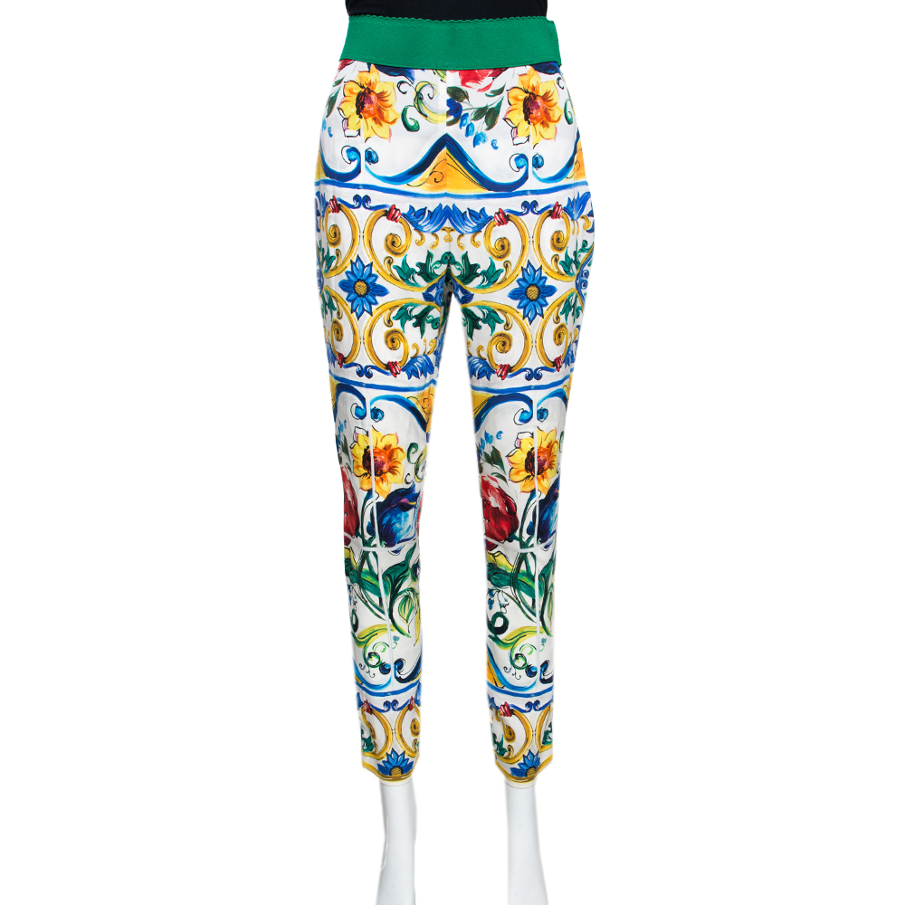 Image of Dolce & Gabbana Majolica Printed Silk Elasticized Waist Skinny Pants L