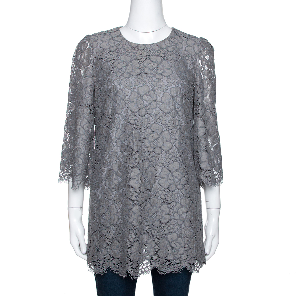 Dolce & Gabbana Grey Floral Corded Lace Three Quarter Sleeve Top M