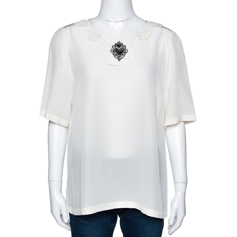 Image of Dolce & Gabbana Cream Silk Floral Applique Sacred Heart Top L