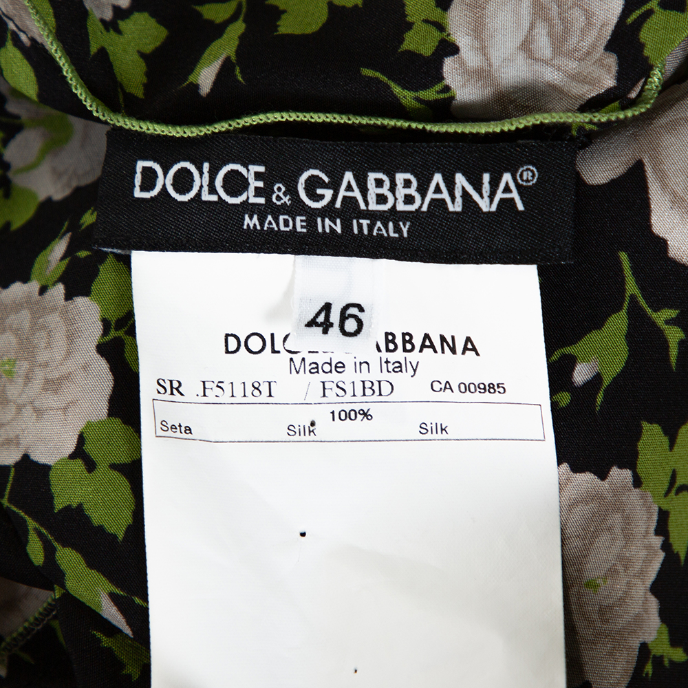 Dolce & Gabbana Black Rose Print Silk Button Front Blouse L