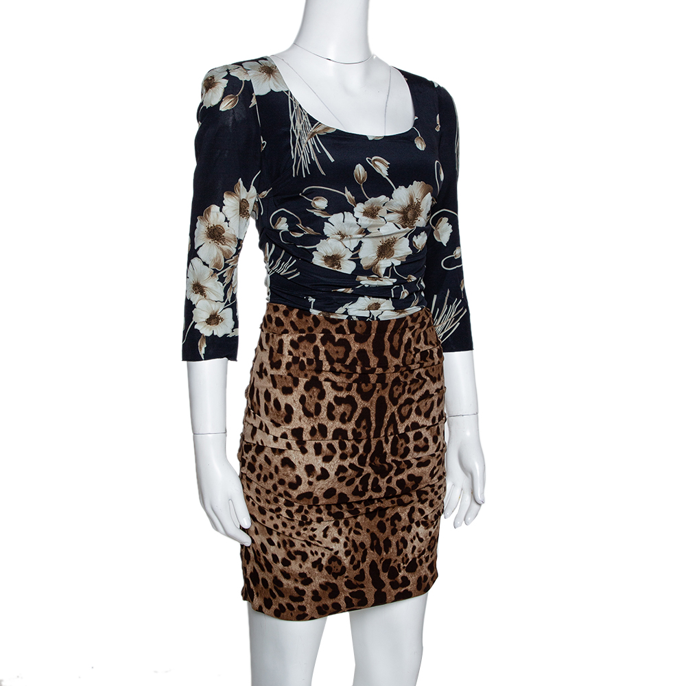 Dolce & Gabbana Brown Mixed Print Silk Ruched Dress S