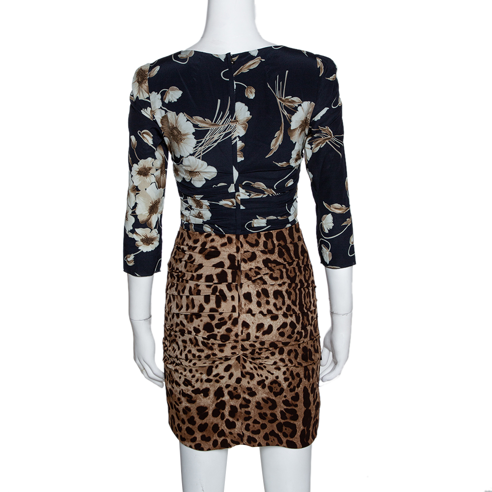 Dolce & Gabbana Brown Mixed Print Silk Ruched Dress S