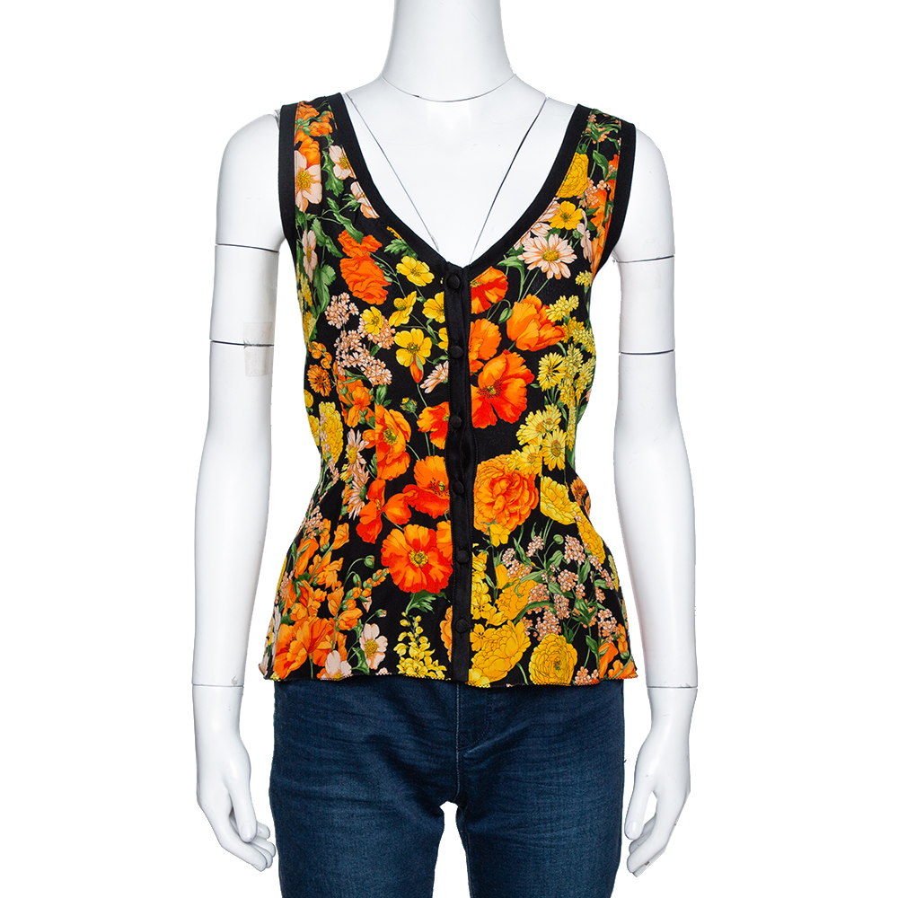 Image of Dolce & Gabbana Black Floral Print Silk & Cotton Sleeveless Top L
