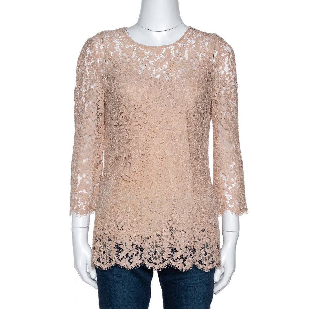 Image of Dolce & Gabbana Beige Floral Lace Scalloped Long Sleeve Blouse M