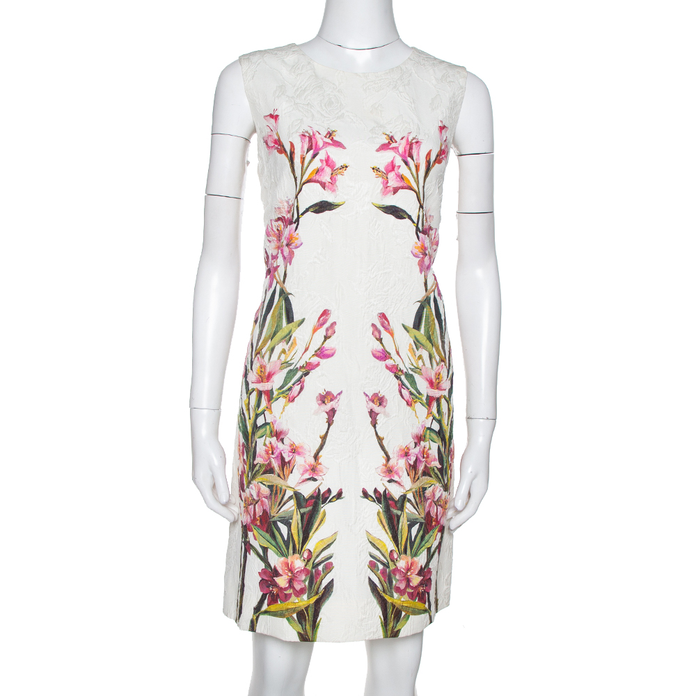 Image of Dolce & Gabbana Off White Floral Print Cotton Jacquard Shift Dress M