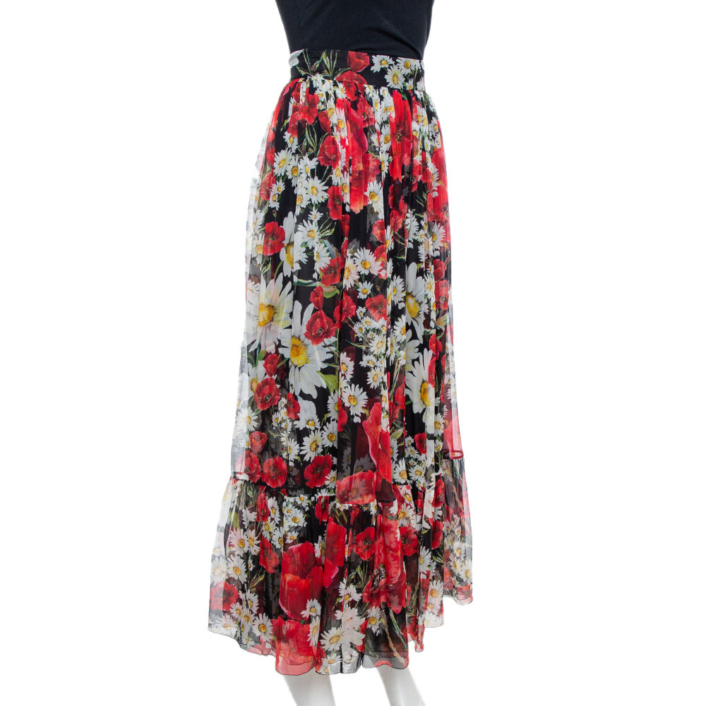 

Dolce & Gabbana Black Floral Print Silk Gathered Maxi Skirt