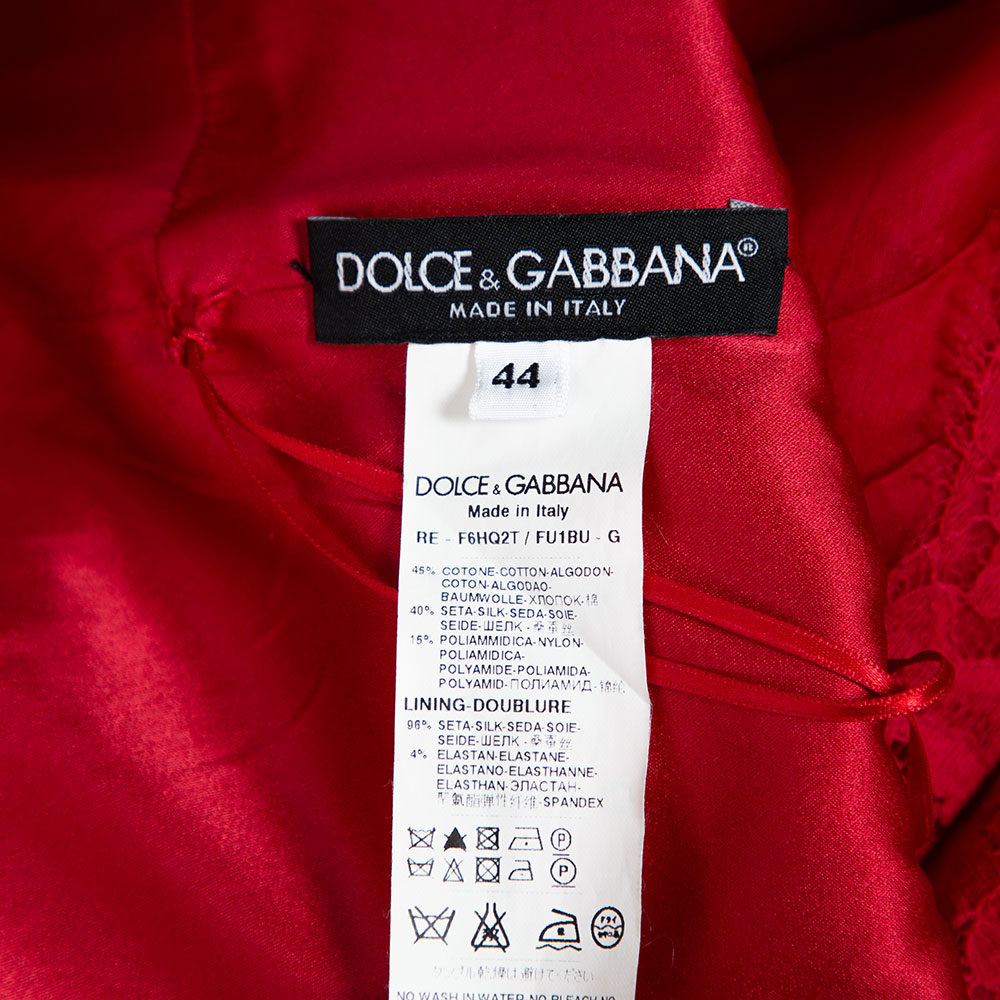 Dolce & Gabbana Red Silk Organza Lace Trim Flared Dress M