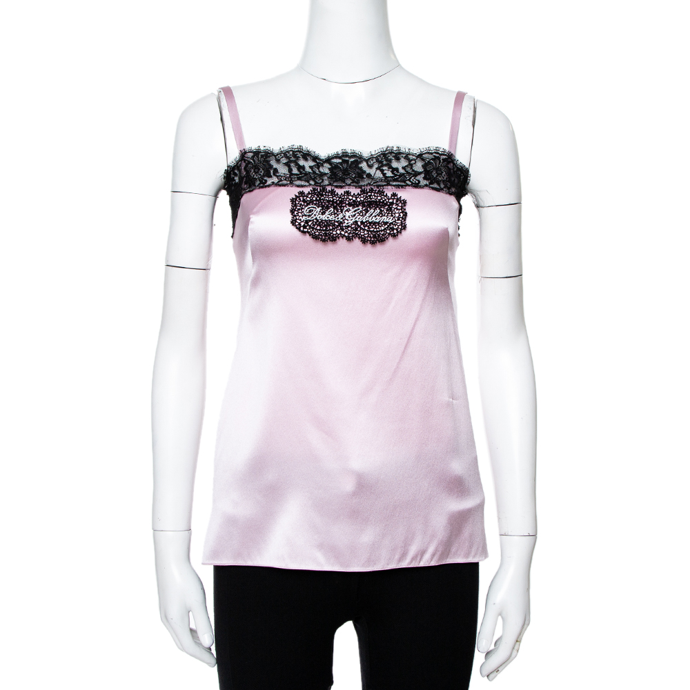 Image of Dolce & Gabbana Pink Silk Satin Logo Lace Trim Camisole XS