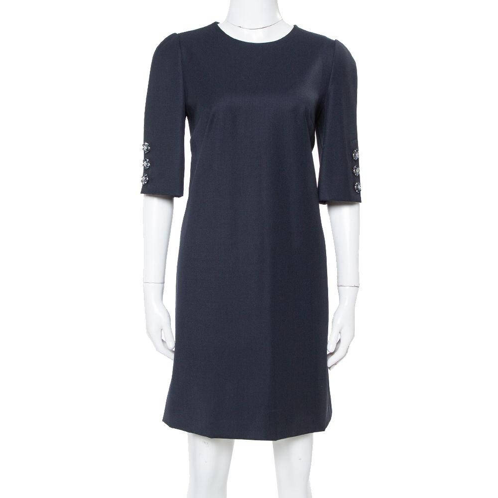 Image of Dolce & Gabbana Navy Blue Wool Gabardine Shift Dress M
