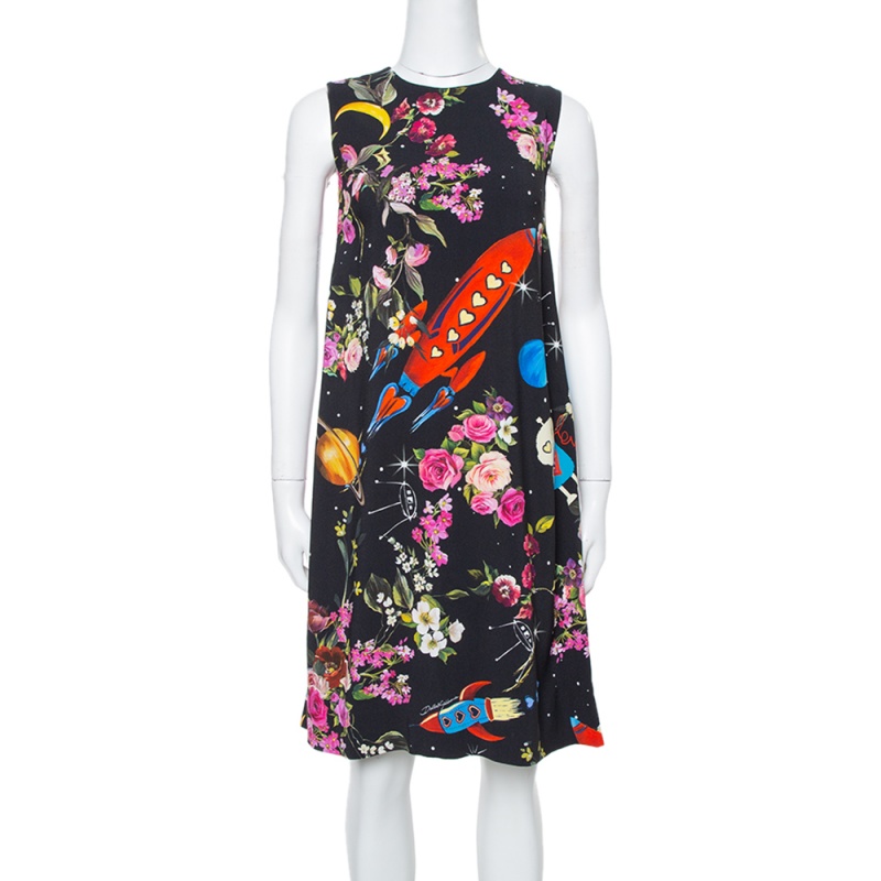 Image of Dolce & Gabbana Black Crepe Rocket & Floral Print Sleeveless Shift Dress S