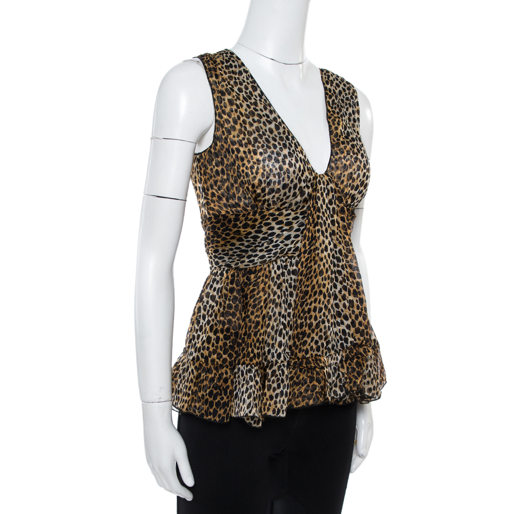 Dolce & Gabbana Brown Animal Print Ruffle Detail Sleeveless Top M