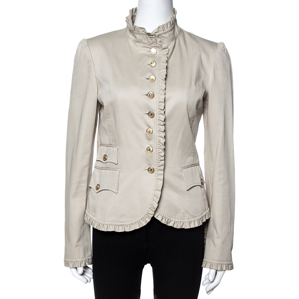 Image of Dolce & Gabbana Beige Cotton Twill Ruffle Trim Blazer M