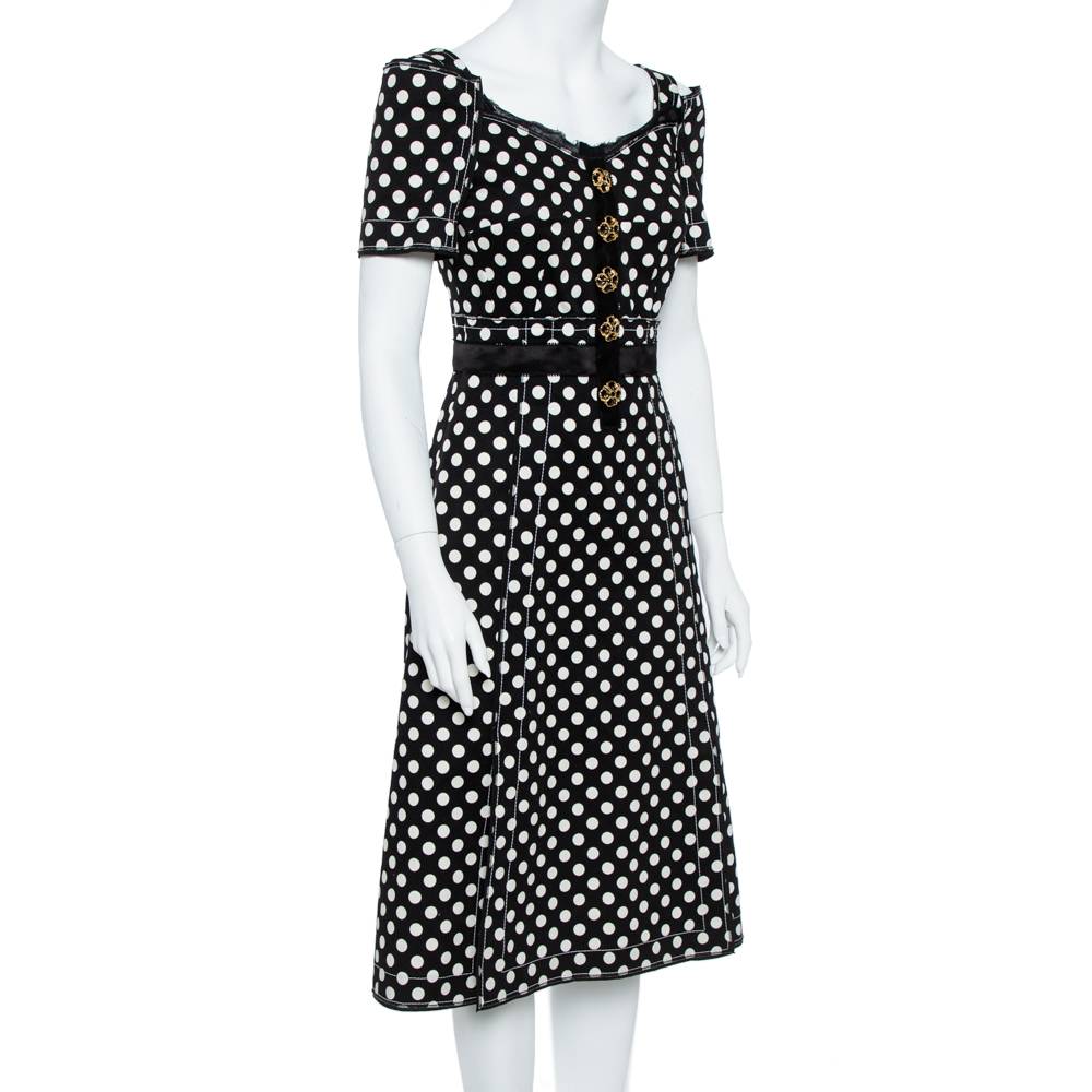 

Dolce & Gabbana Monochrome Polka Dot Print Cotton Canvas Dress, Black