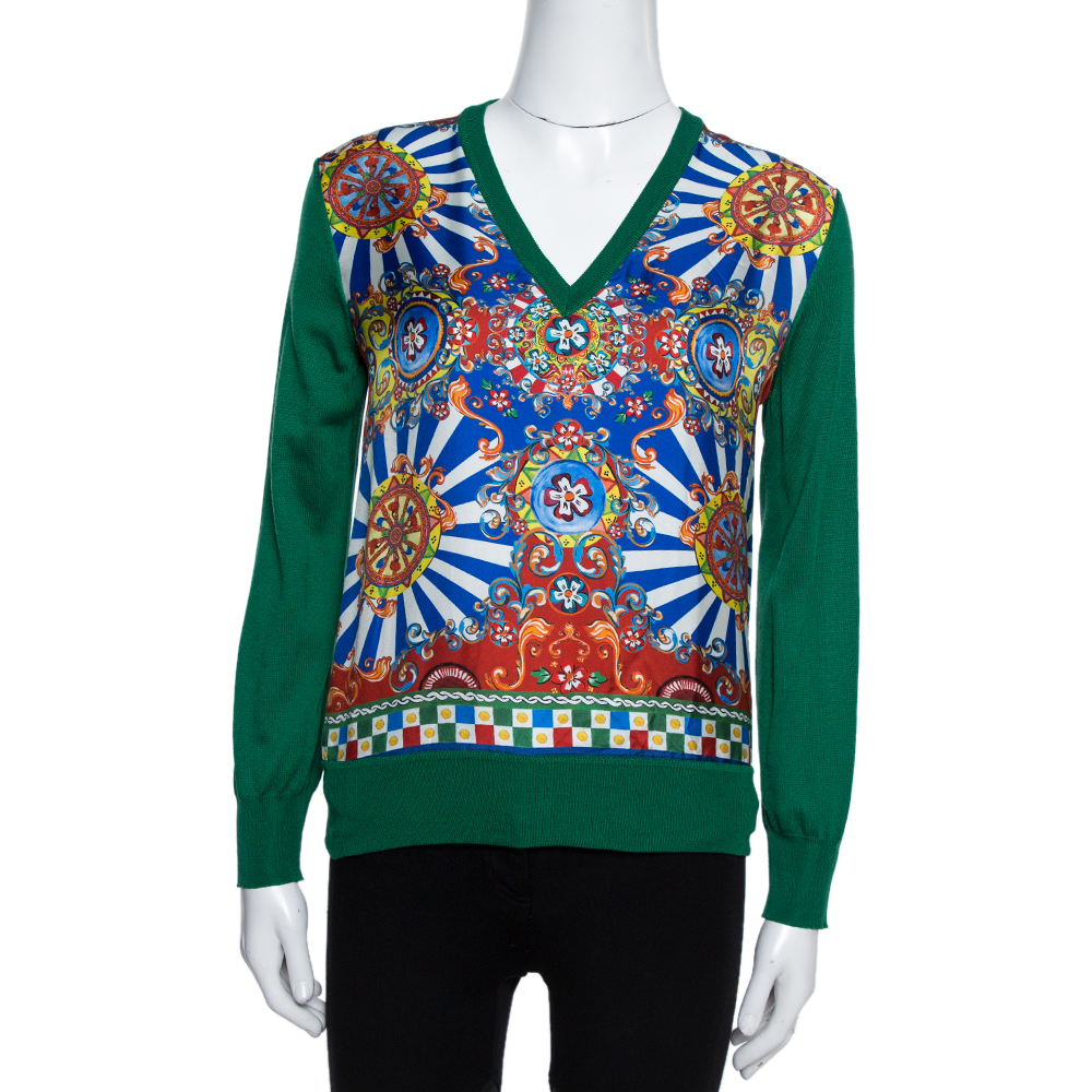 Image of Dolce & Gabbana Green and Multicolor Silk Carretto Siciliano Print Jumper S