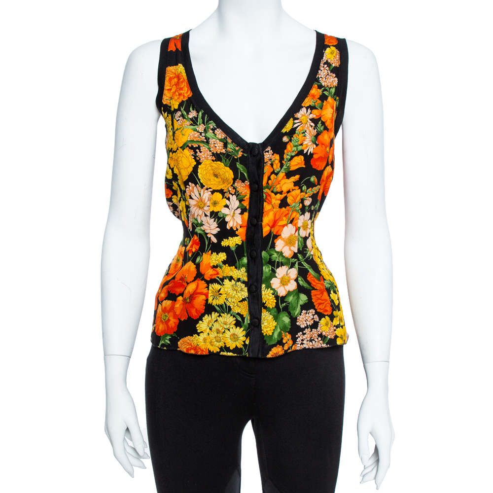Image of Dolce & Gabbana Black Floral Print Silk & Cotton Sleeveless Top M