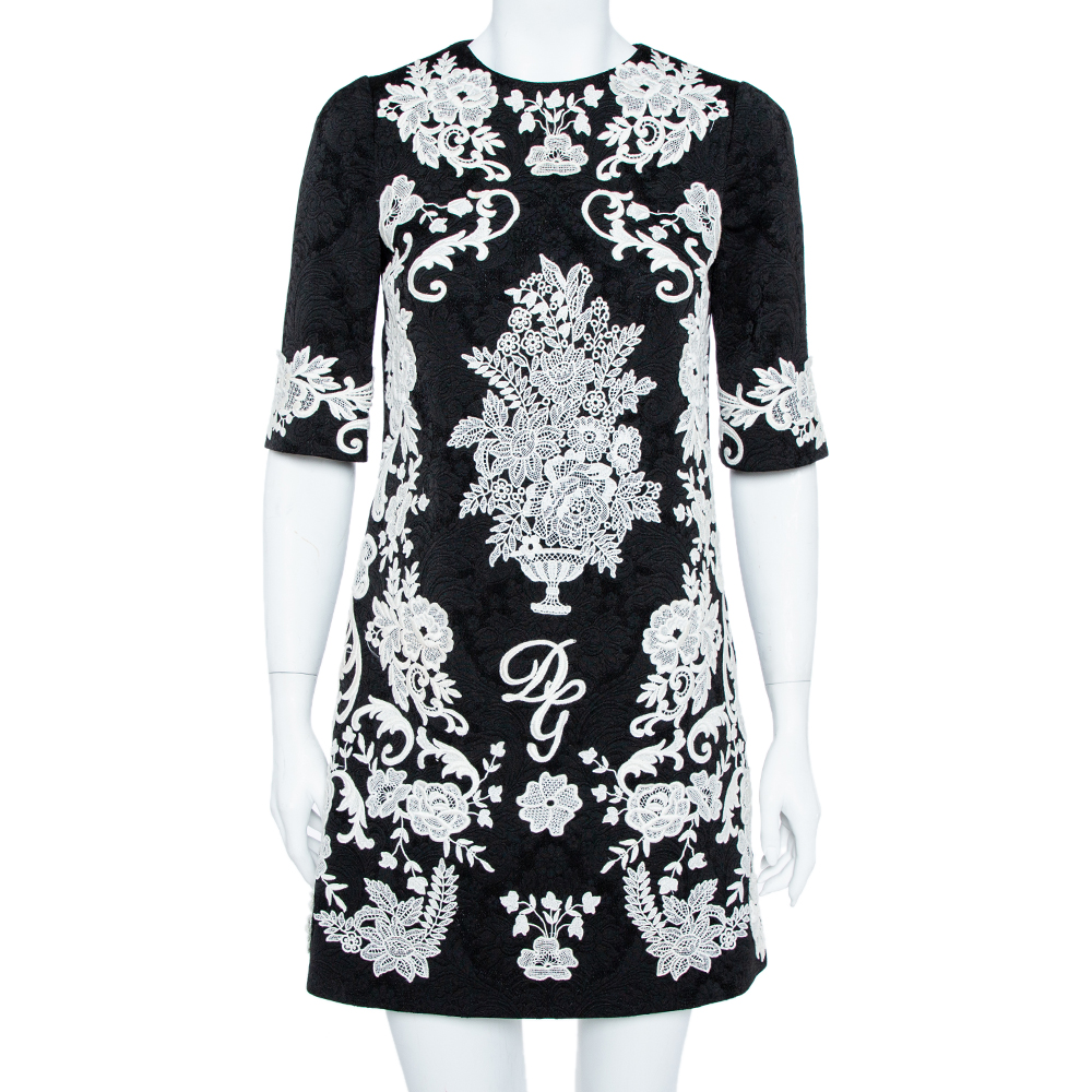 Image of Dolce & Gabbana Black Jacquard Contrast Floral Lace Shift Dress S