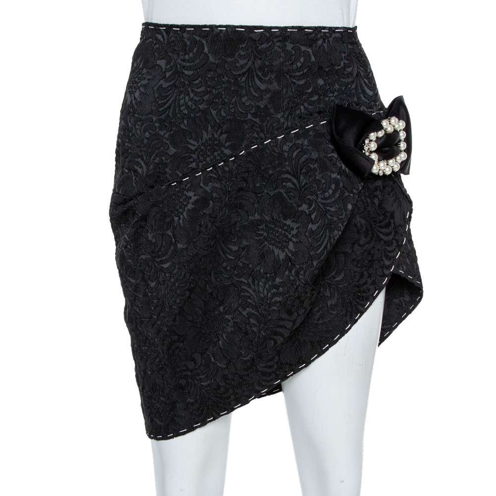 Image of Dolce & Gabbana Black Brocade Crystal Bow Asymmetric Mini Skirt S