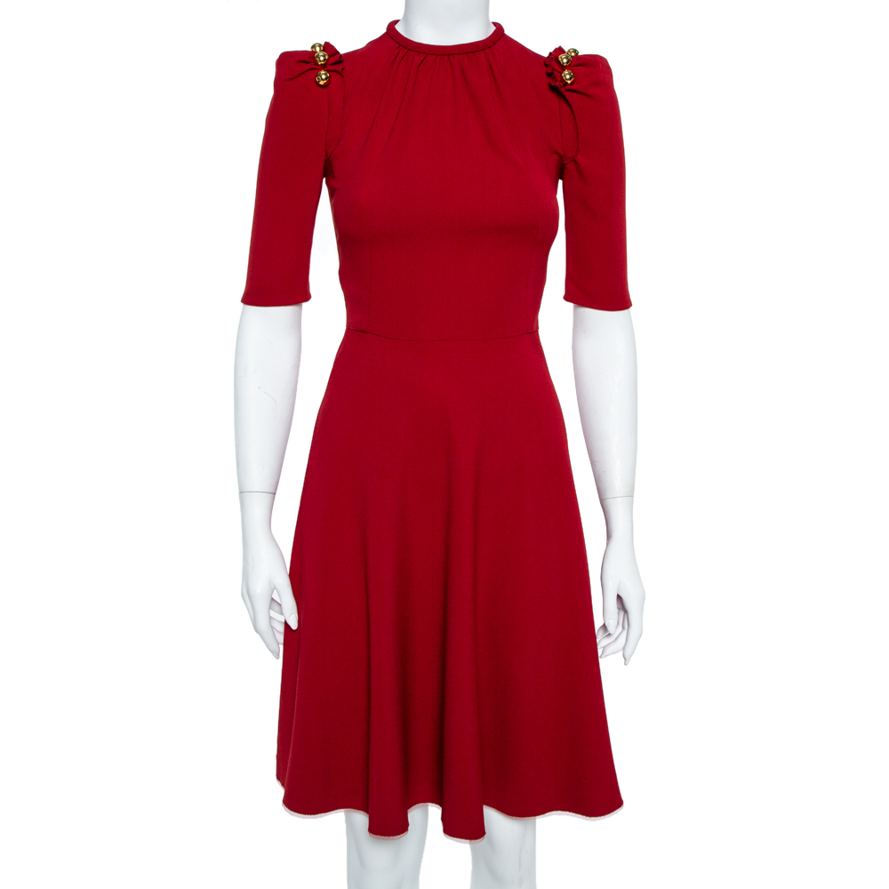 Image of Dolce & Gabbana Red Crepe Puff Sleeve A-Line Dress XS