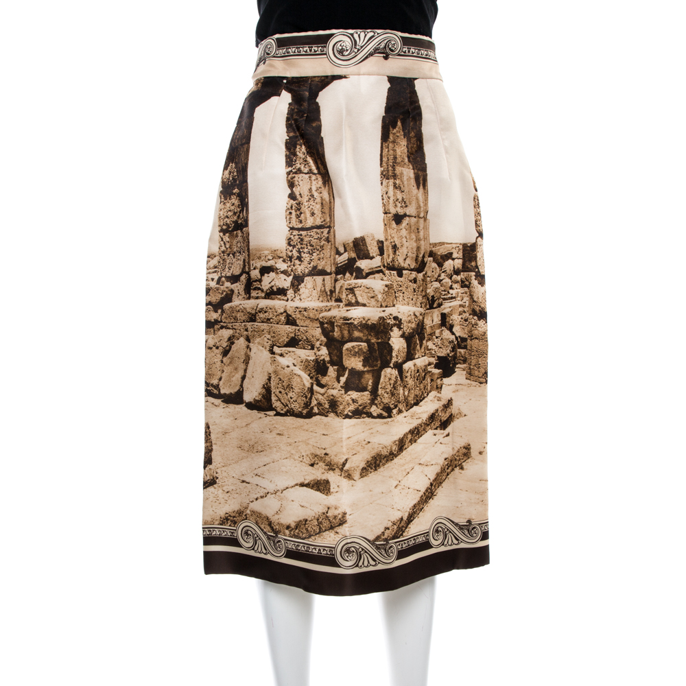 Image of Dolce & Gabbana Beige Photograph Print Knee Length Skirt M