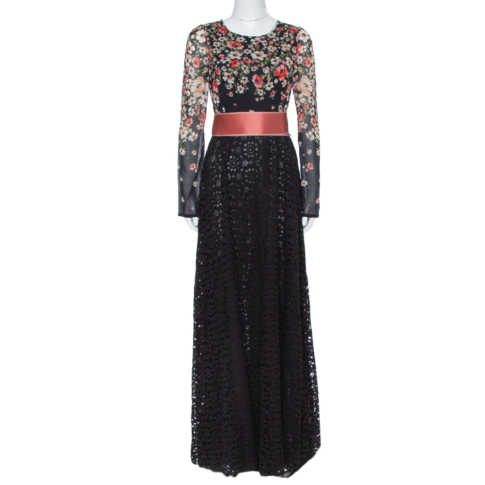 Image of Dolce & Gabbana Black Floral Printed Chiffon & Lace Trim Maxi Dress M