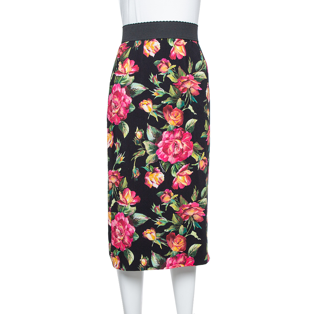 Image of Dolce & Gabbana Black Crepe Floral Printed Pencil Skirt L