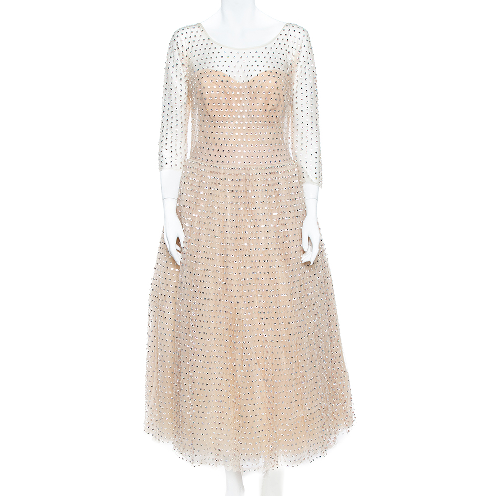 Dolce & Gabbana Cream Crystal Embellished Tulle Evening Gown L