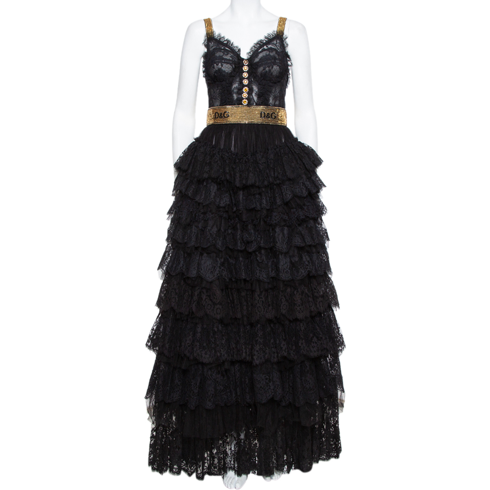 Black Floral Lace & Tulle Sequin Embellished Tiered Evening Gown