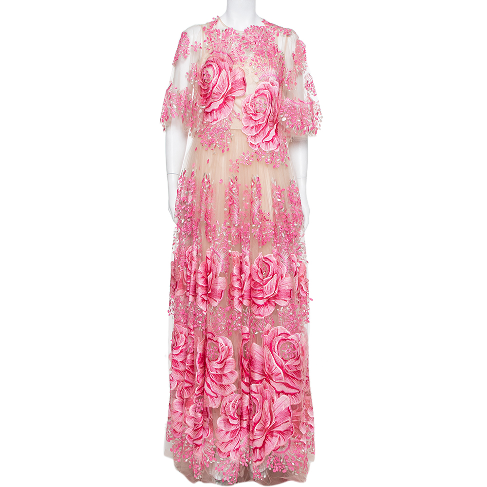 Beige & Pink Tulle Floral Applique Detail Gown