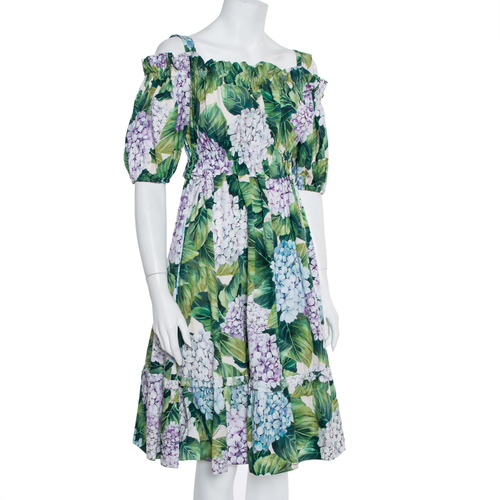 

Dolce & Gabbana Hydrangea Print Cotton Poplin Elasticized Waist Cold Shoulder Dress, Green