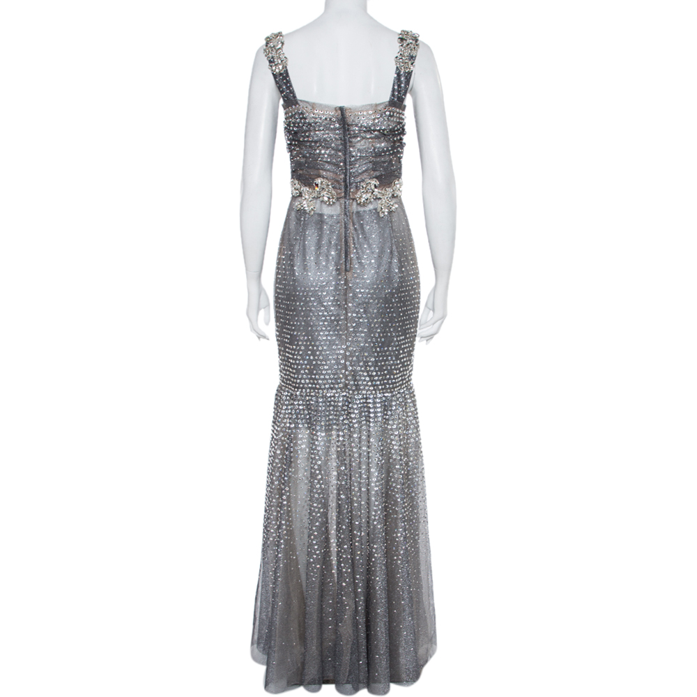 Dolce & Gabbana Silver Tulle Crystal Embellished Mermaid Evening Gown M
